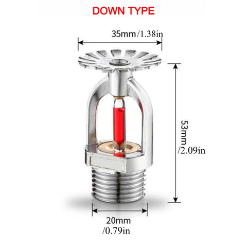 Six Pack Heavy Duty Fire Sprinkler Heads Half Inch Thread Quick Response Pendent Style shown detailed with measurements, chrome finish.