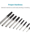 Kengbi 9Pc Steel Punch Set With Grip Handles, Multi Size Round Head Roll Pins And Starter Tools For Mechanics Plus Chisels To Repair Engines Or Cars Like Pro. 9 steel punches shown