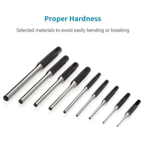 Kengbi 9Pc Steel Punch Set With Grip Handles, Multi Size Round Head Roll Pins And Starter Tools For Mechanics Plus Chisels To Repair Engines Or Cars Like Pro. 9 steel punches shown
