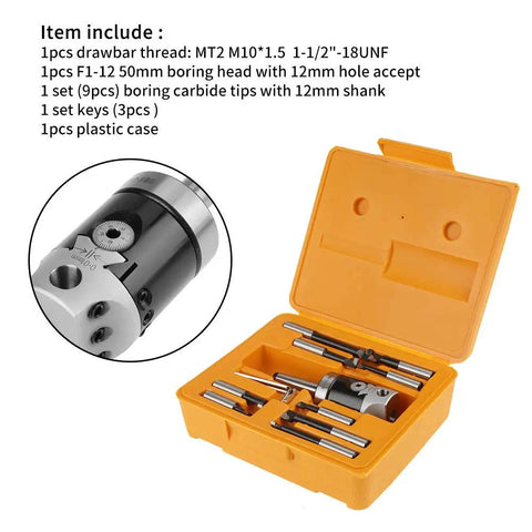 Bore Master Boring Bars Set with 2 Inch Head, 12mm Shank, Carbide Tips in Yellow Case for Milling Machines and CNC