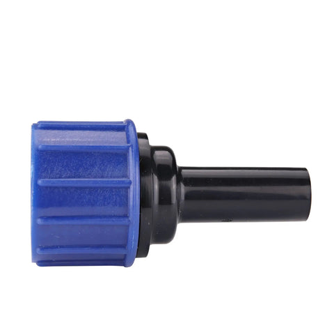 Compression Swivel Adapter With Washer For 1 Quarter Inch Drip Tubing To 3 Quarter Inch MHT Hose Bibb Or Garden Hose Built In Swivel To Prevent Kinking Leak Free Connection For No Fuss Drip Irrigation Black, black and blue side view