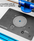 Close-up of a Rockler router table insert plate compatible with Snap-Lock systems, showcasing zero clearance design.