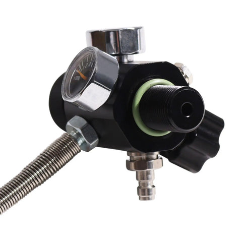 High Pressure Fill Station 4500 PSI with Dual Gauge and 20 Inch Hose for Scuba DIN Tank Adapter M18 x 1.5 Thread PCP HPA system close-up view