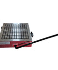 12x12 Inch CNC High Power Magnetic Chuck For Surface Grinders And EDM Wire Cutting Machines Permanent Magnet Grinder Chuck With Fine Seal For Heavy Duty Metalworking And Rock Solid Hold With Safe Operation No Power Loss, showing grid pattern top and handle side view.