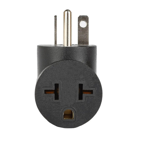 Downward Angled 4 In 1 NEMA 5-20P Power Adapter showing front view of plug with NEMA 5-20P male and multiple receptacles