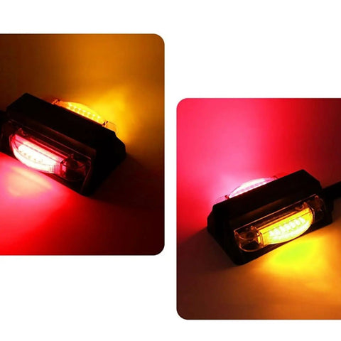 Two Pack Prewired Trailer Fender Lights Amber Front And Red Rear LEDs on display with illuminated markers for trucks and RVs