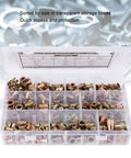 300 Pcs Carbon Steel Rivet Nut Kit With Color Zinc Plated Finish, Metric And Inch Sizes, in clear divided box.
