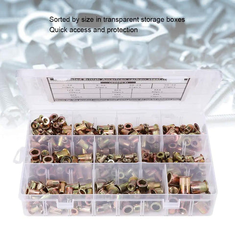 300 Pcs Carbon Steel Rivet Nut Kit With Color Zinc Plated Finish, Metric And Inch Sizes, in clear divided box.
