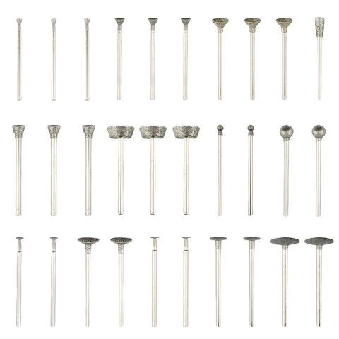 Diamond Grinding Bits Polishing Kit For Dremel Rotary Tools, 30 Piece Set With One Eighth Inch Shanks in various shapes on display.