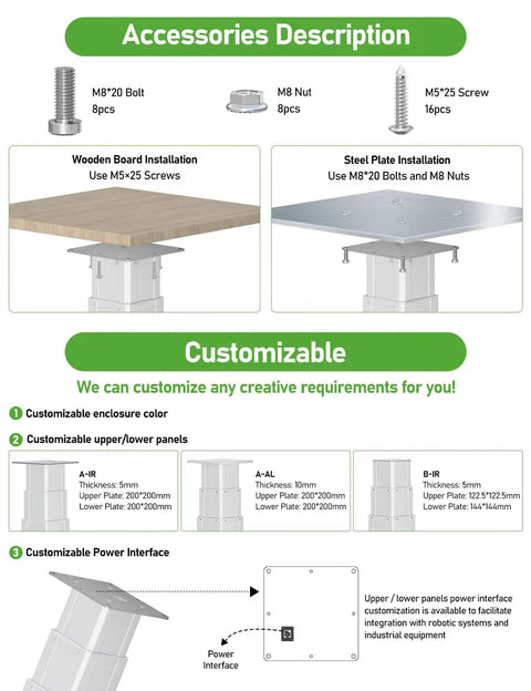 Accessories for Heavy Duty Electric Lift Table Motorized Lifting Column with bolts, nuts, and customizable panels shown.