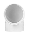 Front view of 4-inch white PVC 90 Degree Elbow Fitting hub to hub, for sewer and drain pipes.