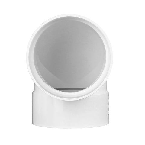 Front view of 4-inch white PVC 90 Degree Elbow Fitting hub to hub, for sewer and drain pipes.
