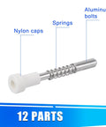 Premium Heavy Duty 12 Pack Window Screen Plunger Latches With Coiled Springs And Protective Caps showing a nylon cap, spring, and aluminum bolt.