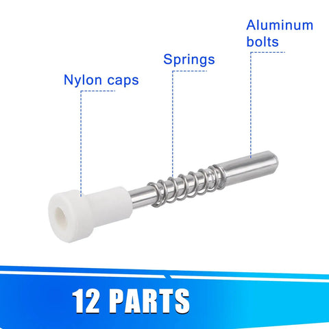 Premium Heavy Duty 12 Pack Window Screen Plunger Latches With Coiled Springs And Protective Caps showing a nylon cap, spring, and aluminum bolt.
