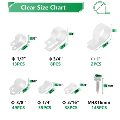 Heavy Duty Nylon Cable Clips Set For Cable Management Six Sizes With 290 Pieces White R Type Cord Fasteners Screw Mount Kit Includes M4 Screws The Ultimate Tidy Up Kit For Home Office, Workshop, And Entertainment Center size chart.