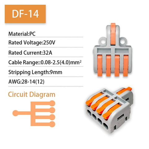 No Tool Wire Connectors For Home And Led Lights Super Easy Push In Block Splicing Solid Stranded 28 To 12 Awg Copper Terminals That Are Flame Retardant And Durable Perfect For Electrical Junction Box Projects, DF-14 5-port connector
