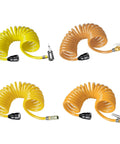 Heavy Duty Tire Inflation Hose Rock Solid Screw Lock Connector Tough As Nails Construction For Cars Trucks Bikes And Pool Toys With Quick Connect Hookup Extra Long Sixteen Foot Length No Leak Design, featuring yellow and orange coiled hoses.