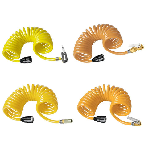Heavy Duty Tire Inflation Hose Rock Solid Screw Lock Connector Tough As Nails Construction For Cars Trucks Bikes And Pool Toys With Quick Connect Hookup Extra Long Sixteen Foot Length No Leak Design, featuring yellow and orange coiled hoses.