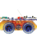 Side view of assembled RC Rover Electronics Discovery Kit For Kids with blue wheels and visible circuit components.