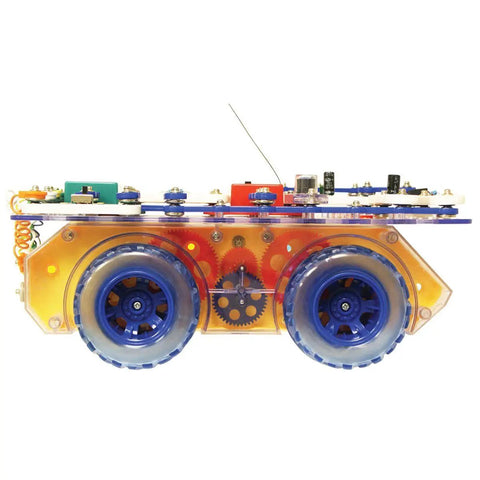 Side view of assembled RC Rover Electronics Discovery Kit For Kids with blue wheels and visible circuit components.
