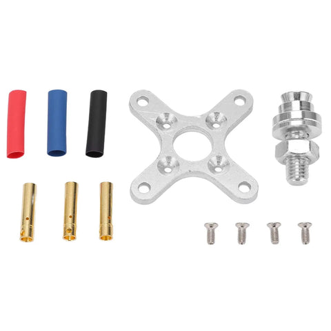 Components for Beefy Brushless RC Motor 600KV High Power For Multicopters And Drones, including mount and connectors in black aluminum.