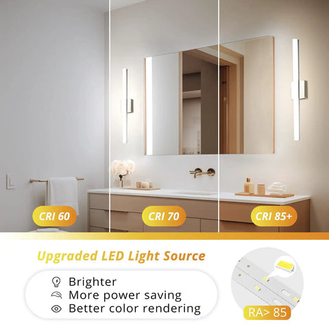 Bathroom vanity light bars for above mirror, chrome finish, 24-inch LED 14W, natural white 4000K, showcasing clear color rendering.