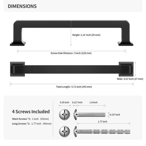 Dimensions diagram for Matte Black Cabinet Handles 3 Pack 5 Inch Modern Cabinet Pulls For Kitchen And Vanity Durable Solid Construction