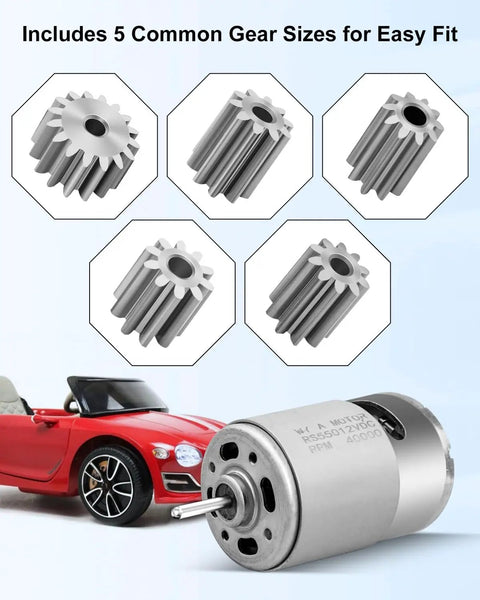 12V RS550 40000RPM Electric Motor Drive Engine for Power Wheel High Speed Gearbox with 5 gear options next to red ride-on car