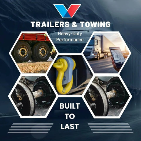 Collage showing trailers, towing equipment, wheel bearings, and a phone app for heavy-duty performance products