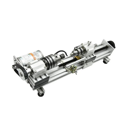 Mini 280W Metal And Woodworking Lathe Stepless Speed Control High Precision Turning Machine For DIY Bead Making Aluminum Alloy Construction, side view showing motor and spindle.