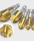Six-Piece 5-Flute Titanium-Plated Countersink Drill Bit Set, 1/4 Inch Hex Shank, 6-19mm Range, high carbon steel chamfer bits