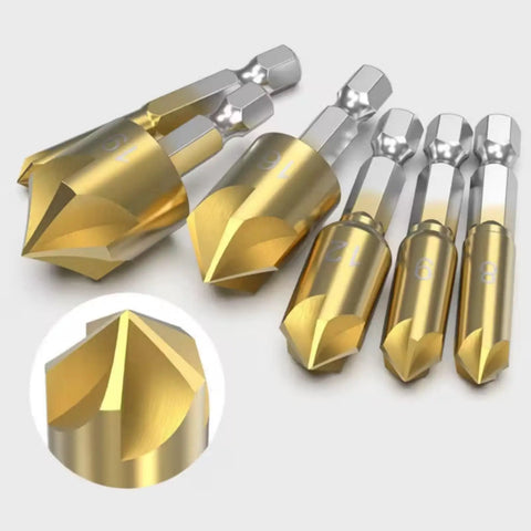 Six-Piece 5-Flute Titanium-Plated Countersink Drill Bit Set, 1/4 Inch Hex Shank, 6-19mm Range, high carbon steel chamfer bits