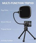 USB Podcast Microphone With Cardioid Condenser Pickup, Tripod Stand and Pop Filter for Streaming, highlighting tripod features