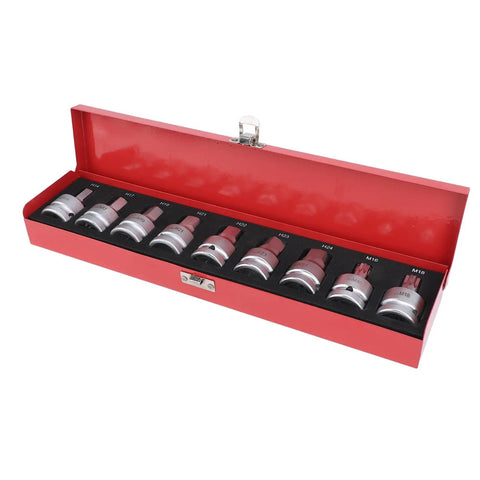 Professional 3/4 Inch Drive Impact Hex Driver Set With CrMo Steel Spline Bits And Heavy Duty Socket Kit showing 9 pieces in red case.