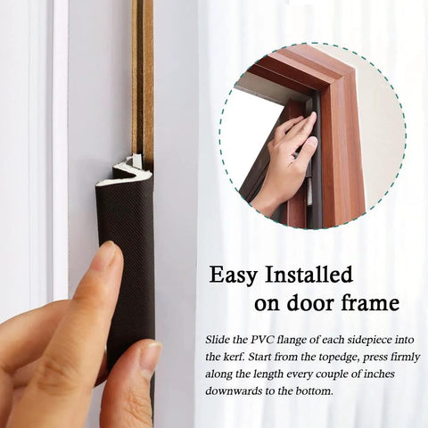 Close-up of brown kerf foam door weather stripping being installed on a door frame
