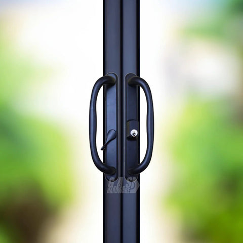 Sliding Glass Patio Door Offset Pull Handle Set With Keys Replacement For 3 15/16 Inch Hole Spacing And 1 1/4 To 2 1/4 Inch Door Thickness, 10 Inch Escutcheon Plate, Four Hole Patterns, Black Finish