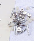 Cam Bolt Nut Lock Fittings Set for Cabinet and Furniture Assembly Easy Corner Connection, iron and nylon components shown.