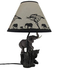 Epic Elephants Expedition Sculptural Table Lamp with decorative shade, hand-painted resin elephants on rocky base, 18.5 inches tall.