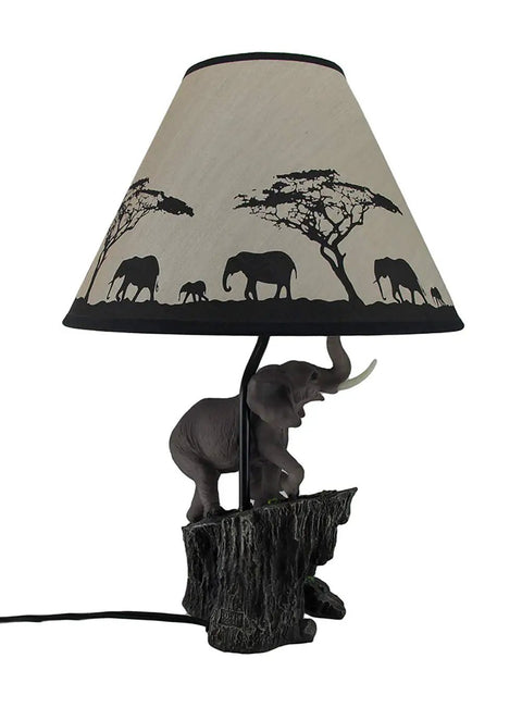 Epic Elephants Expedition Sculptural Table Lamp with decorative shade, hand-painted resin elephants on rocky base, 18.5 inches tall.