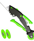 Sweet 3 In 1 Window Screen Roller Tool With 3 Interchangeable Rollers For Quick Fixes Plus Foldable Design For Easy Storage At Home Features Retractable Cutter And Concealed Removal Hook Inside Makes Home Repair Easy black and green screen repair tool with hook, blade, and rollers
