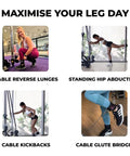 Premium Cable Machine Ankle Straps for Glute Kickbacks and Hip Abductions Featuring Hella Padded Cushioning in use for cable lunges and hip abductions.