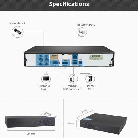 Specifications of All In One 8 Channel 1080P Hybrid DVR And NVR System With 5 In 1 Support, showing ports and dimensions.