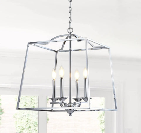 Chrome 4-Light Lantern Pendant Light, Adjustable LED Ceiling Fixture for Kitchen Island, Foyer, Entryway and Dining Room, Dope Modern Metal Lamp