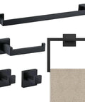Image of 5 Piece Matte Black Bathroom Hardware Set Featuring 15.7 Inch Towel Bar, Towel Ring, Toilet Paper Holder, and 2 Hooks.