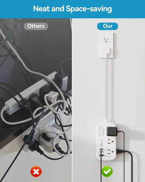 Neat and space-saving comparison of Two Foot Short Extension Cord Power Strip With Flat Plug Six Outlets And Three USB Ports 5V 3.4A 17W Surge Protector Space Saving Desk Mountable Wall Outlet Splitter For Home Office Dorm Room White mounted on wall
