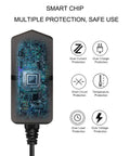 Universal 9V 2A Power Adapter With 11 Interchangeable DC Tips, 100V-240V Worldwide Input, 5.5x2.1mm Barrel, Positive Center, Delivers 18W For 0.1A-2A Devices, Fits Cameras, Small Electronics, And Home Gear, black adapter with safety icons
