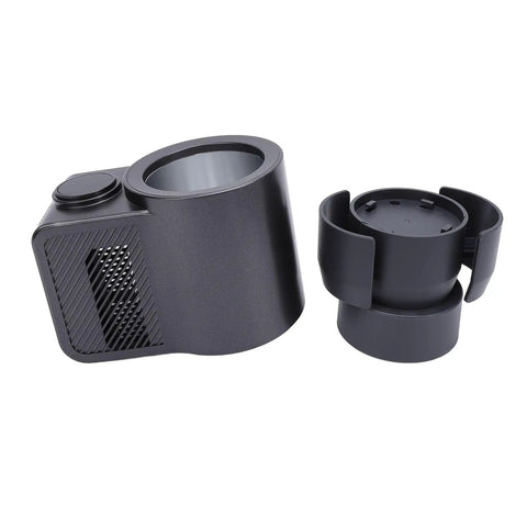 12 Volt Car Cup Holder With Digital LCD Screen, Smart Dual Temp Beverage Chiller And Warmer in black with removable holder.
