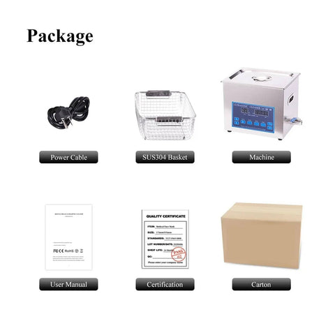 Package contents of Degassing Ultrasonic Cleaner 10L, including power cable, SUS304 basket, user manual, certification, and carton.