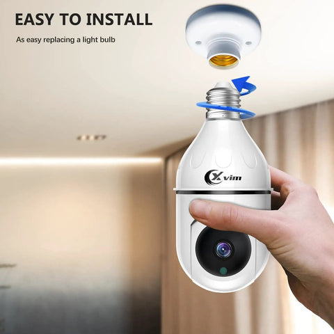 Hand installing Wireless Light Bulb Security Camera With Pan Tilt 360 Degree View 2.4GHz WiFi Indoor Outdoor Night Vision And Two Way Audio Easy E27 Bulb Base Setup 1080P HD Surveillance into socket
