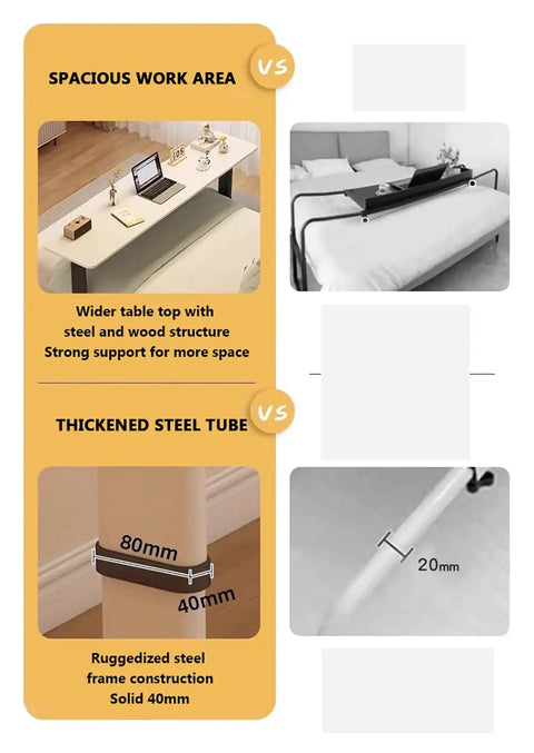 Comparison image showing spacious overbed table with steel and wood structure versus thicker steel tube construction of Game Changing Ergonomic Height Adjustable Overbed Table With Smooth Ball Bearing Casters For Mobile Laptop Workstations And Cozy Apartment Living Spaces.